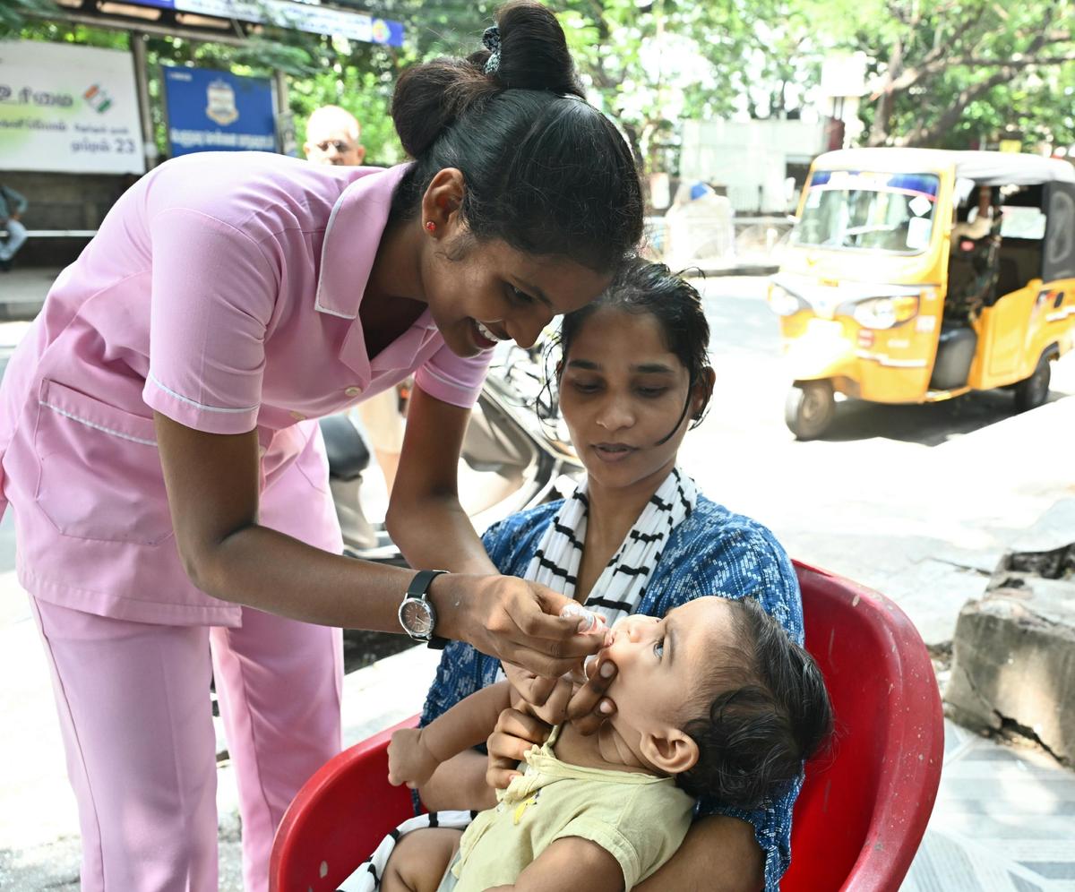 Polio drops being administered to a child as part of the routine immunization schedule and nationwide Pulse Polio campaigns, at Royapettah on Sunday.