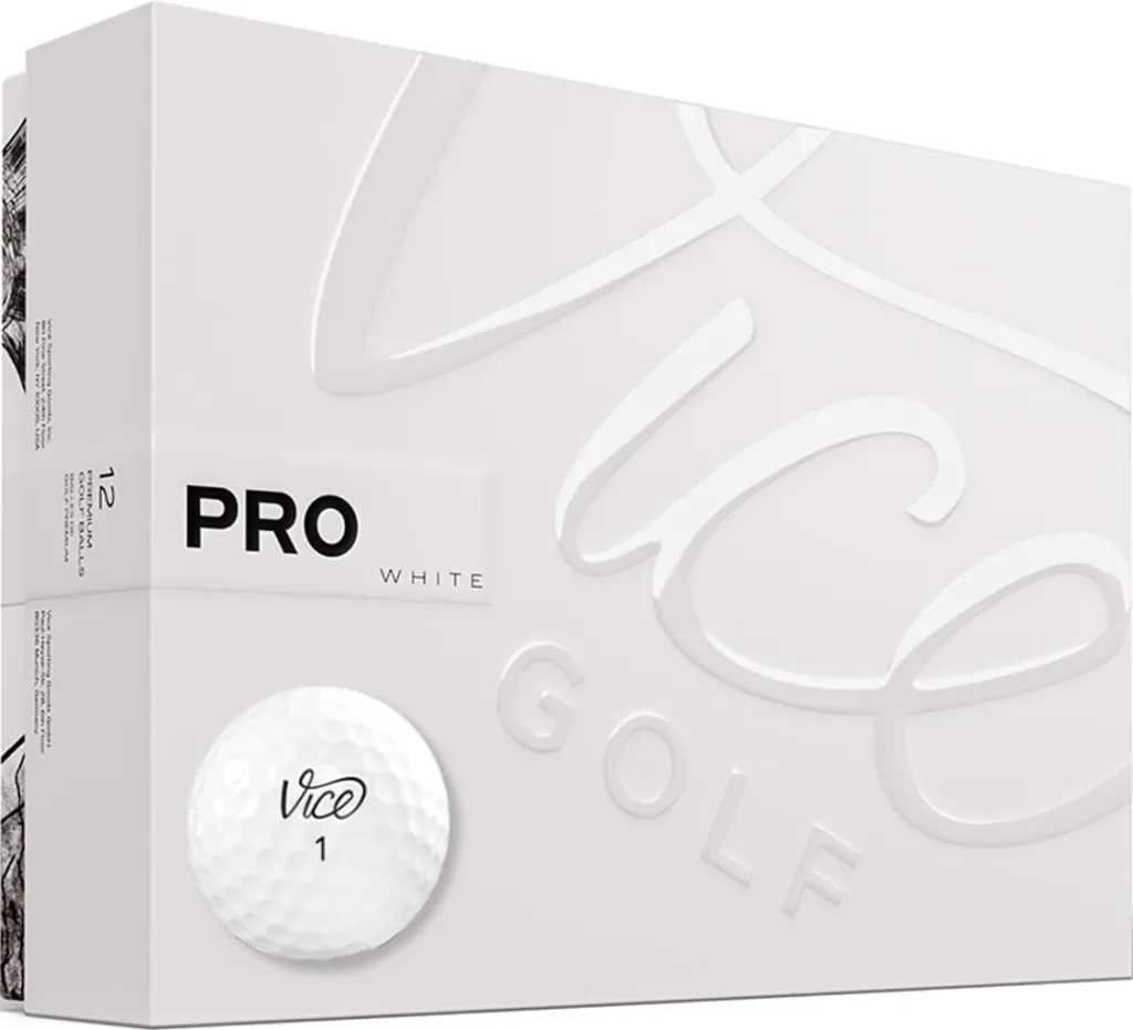 Box of Vice Pro White golf balls with one ball visible.