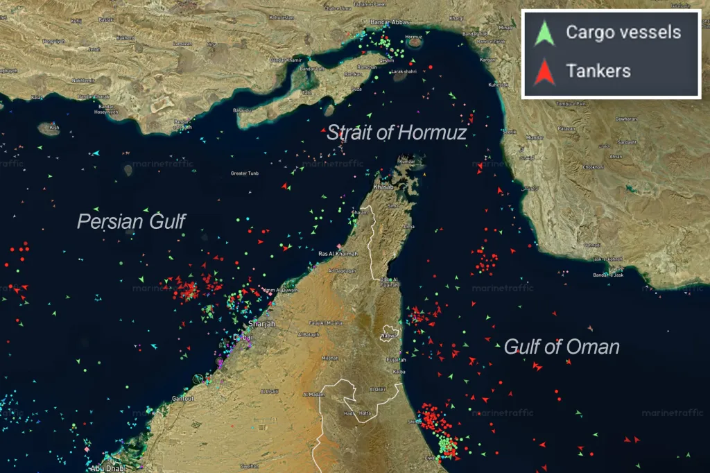 Marine traffic on the Straight of Hormuz on June 18, 2026.