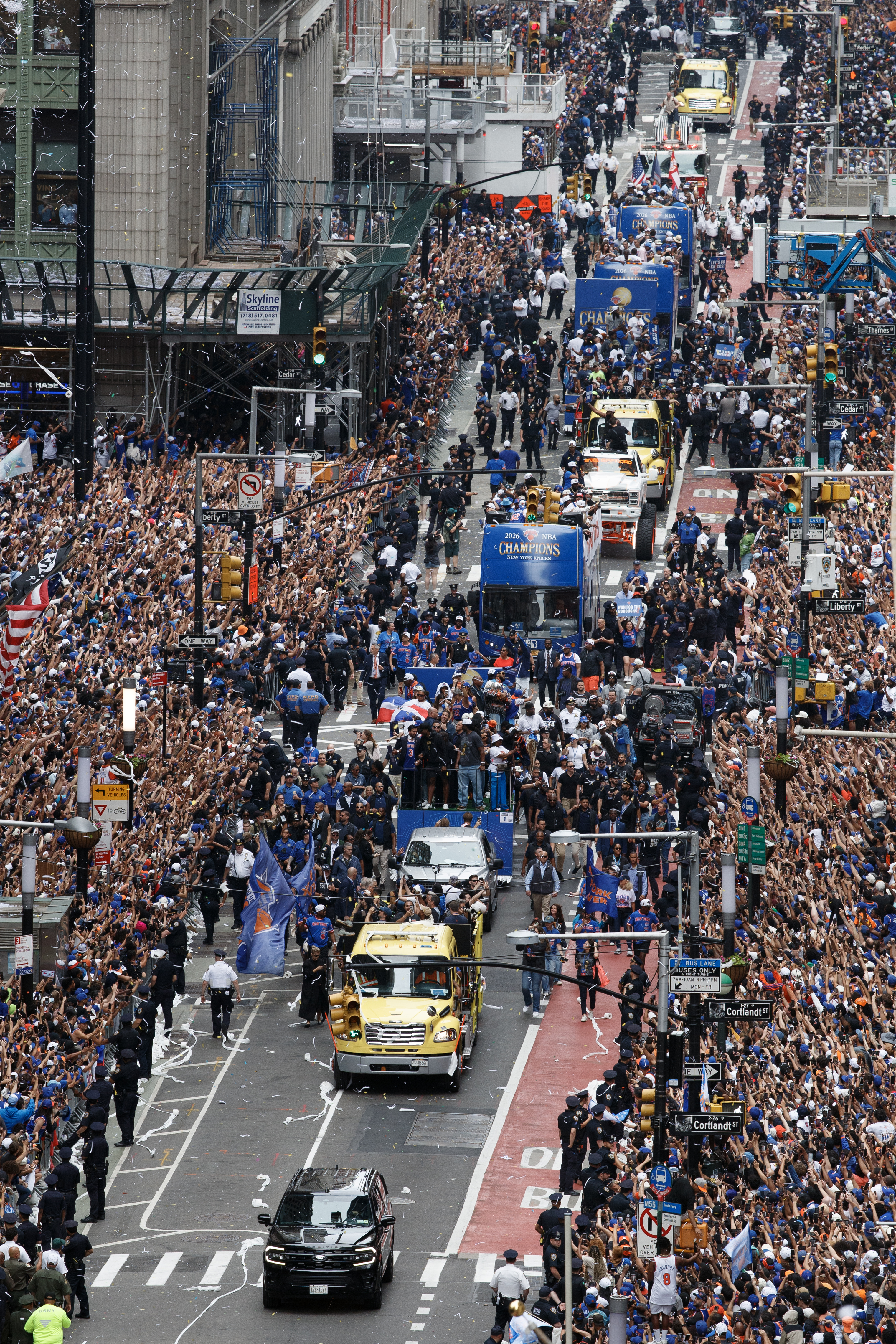 New York Knicks ticker-tape parade down Manhattan's "Canyon of Heroes" to celebrate their 2026 NBA Championship