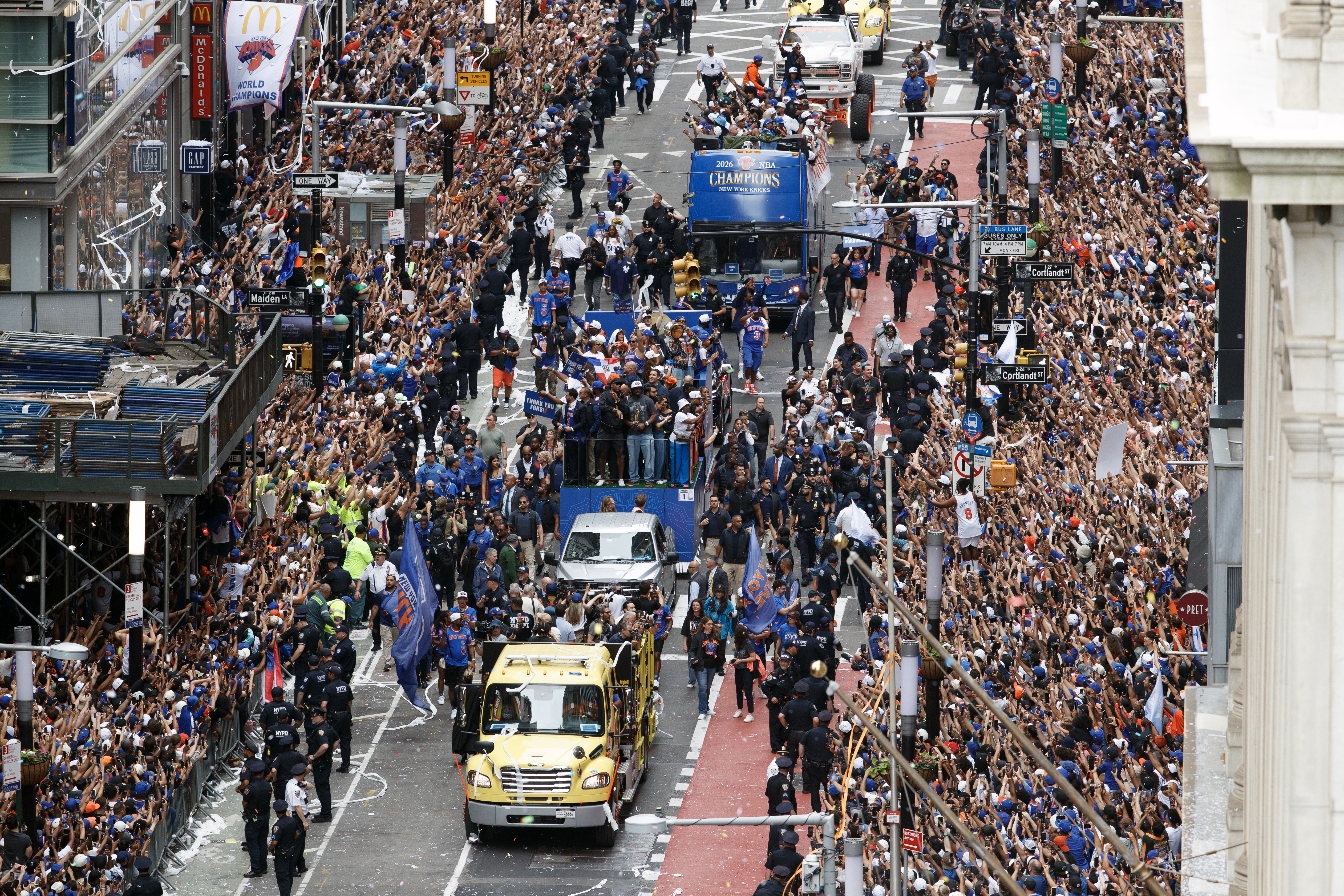 New York Knicks ticker-tape parade down Manhattan's "Canyon of Heroes" to celebrate their 2026 NBA Championship