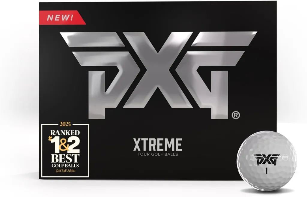 Illustration of a black box of PXG Xtreme Tour Golf Balls, with a white golf ball in front.