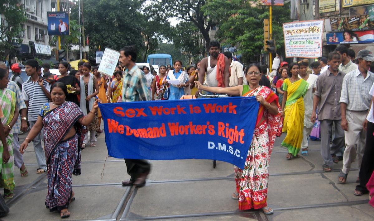 A rally of the Durbar Mahila Samanwaya Committee demanding their rights as workers.