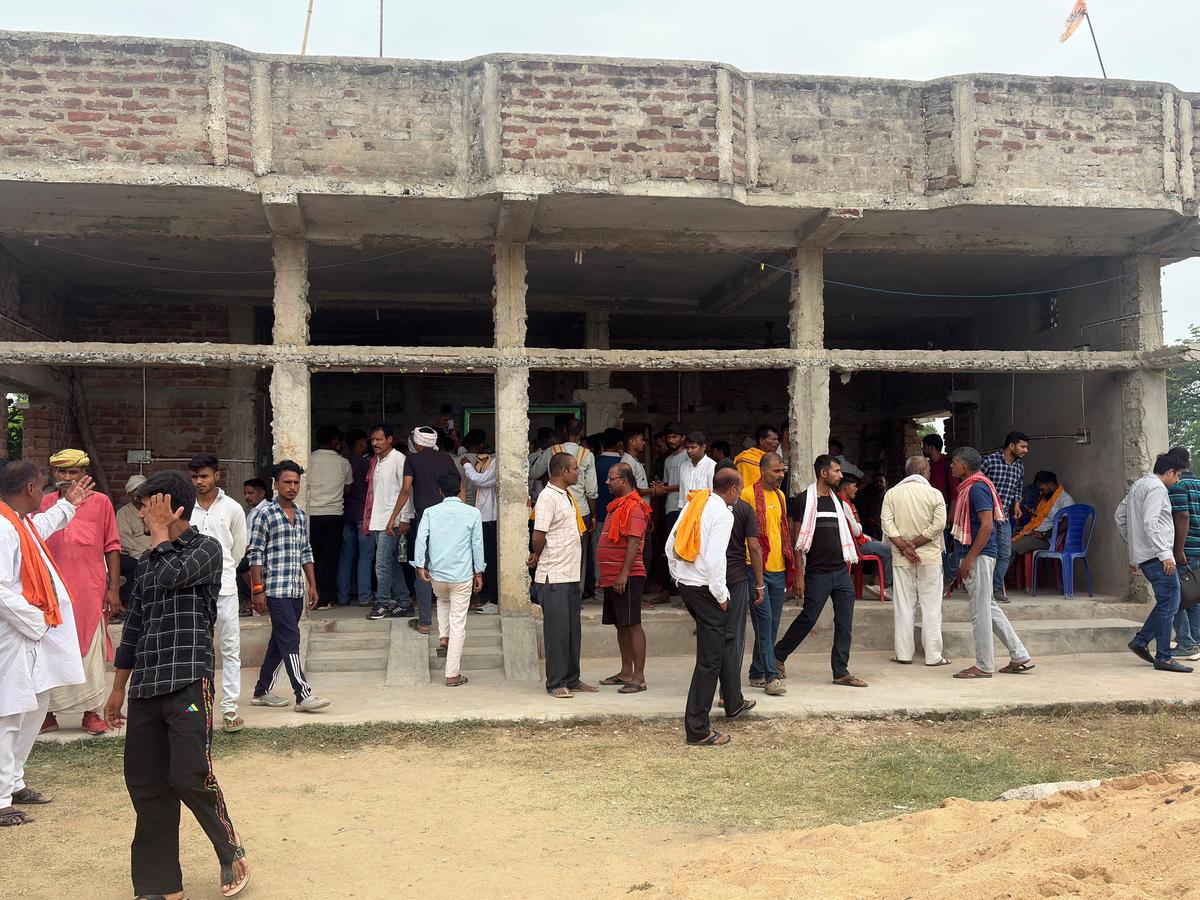 Well wishers and residents of Bilauti village gathered outside the house of Bharat Bhushan Tiwari in Shahpur block.