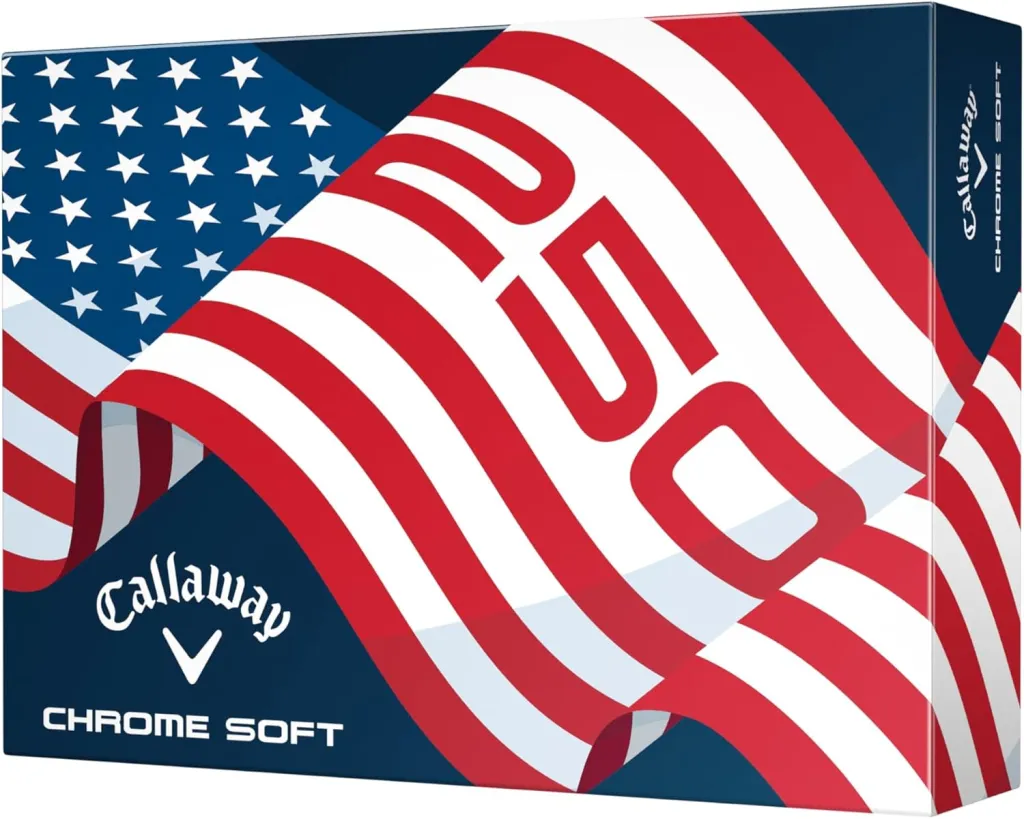 Illustration of a box of Callaway Chrome Soft golf balls with a USA flag design.