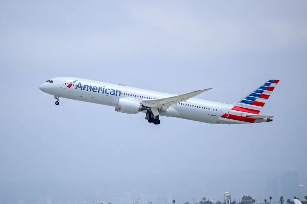 Boeing 787 Dreamliner operated by American Airlines taking off from Los Angeles International Airport.