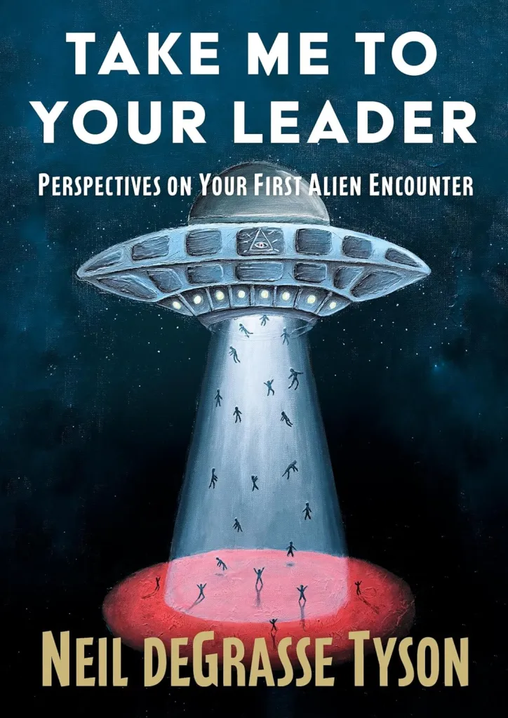Illustration of a flying saucer abducting many human figures with a light beam.