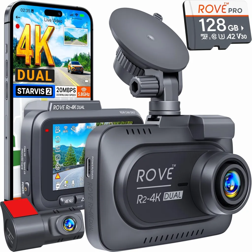 A Rove R2-4K Dual dash camera with a suction cup mount, a remote rear camera, a 128 GB MicroSD card, and a smartphone displaying its live video feed.
