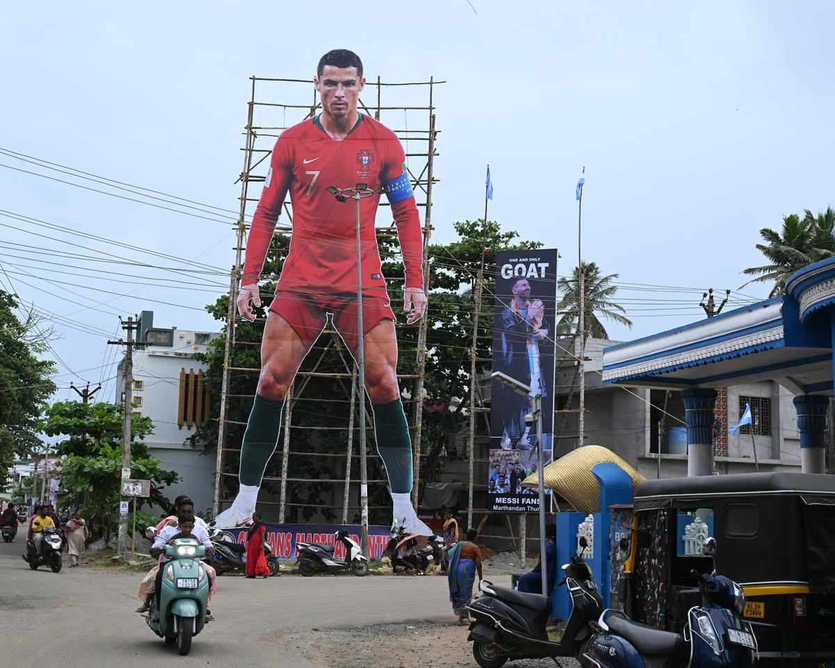 A view of life-size cut-out of Cristiano Ronaldo installed at Marthandanthurai coastal village in Kanniyakumari district