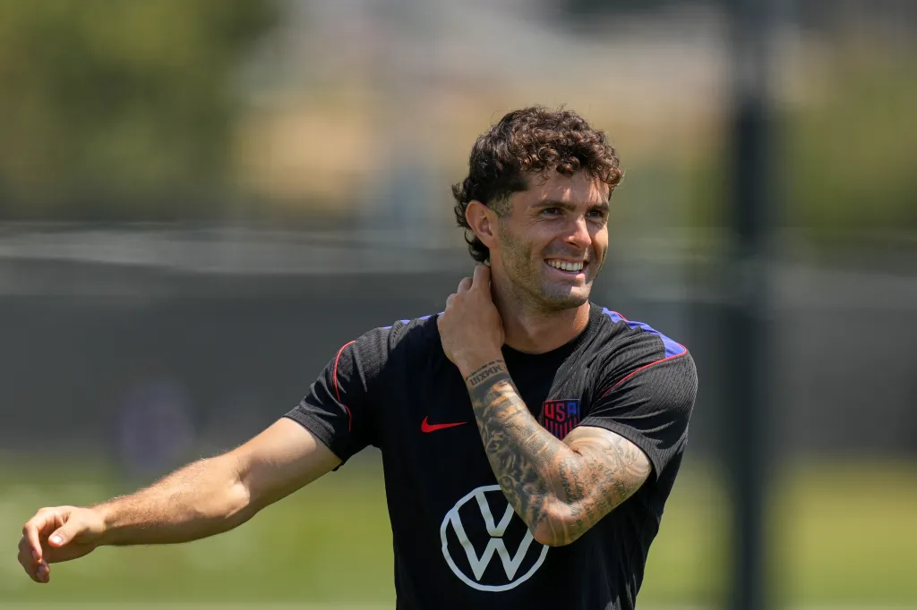 United States' Christian Pulisic attends a training session ahead of a FIFA World Cup match against Turkey in Irvine, Calif., Tuesday, June 23, 2026