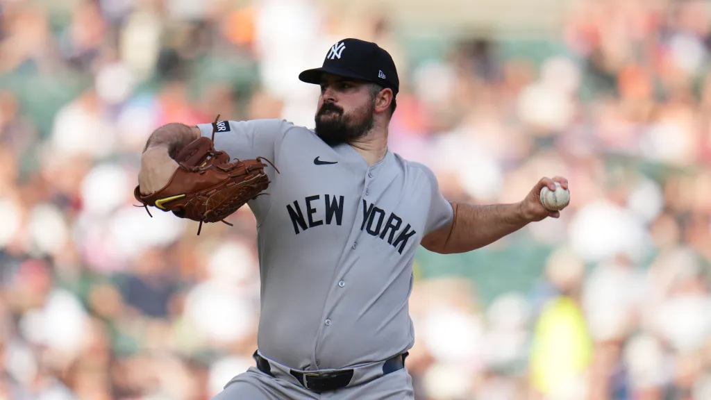 New York Yankees pitcher Carlos RodÛn throws against the Detroit Tigers during the first inning of a baseball game Tuesday, June 23, 2026, in Detroit. (AP Photo/Paul Sancya)