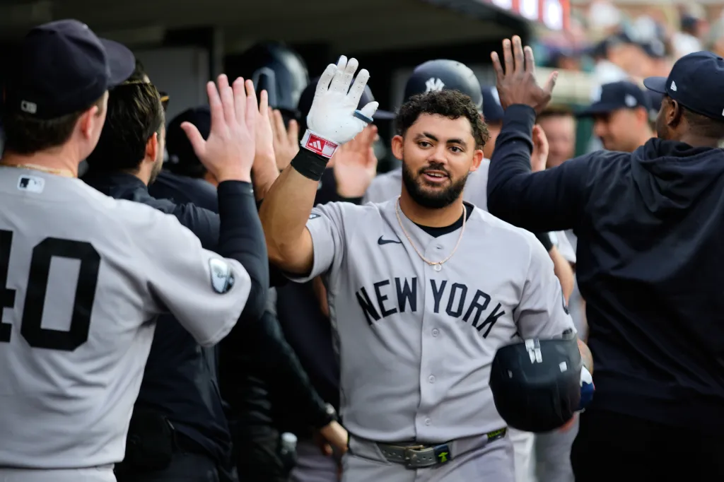 New York Yankees' Jasson Domínguez celebrates his two-run home run against the Detroit Tigers