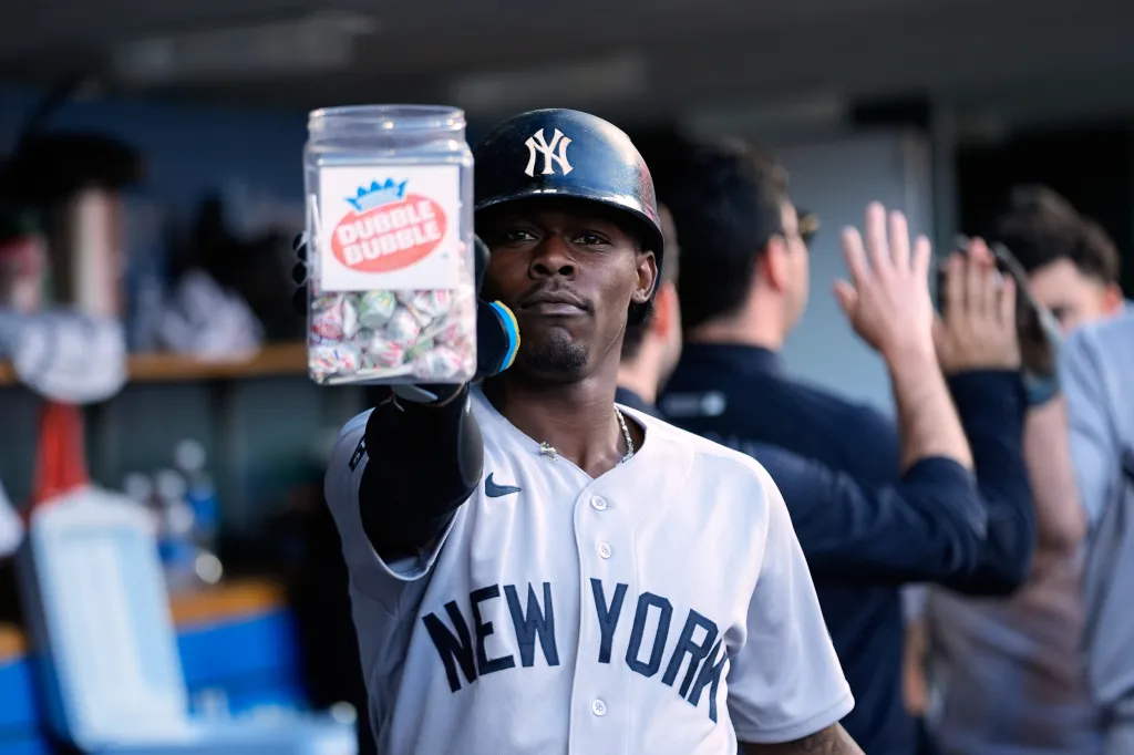 New York Yankees' Jazz Chisholm Jr. celebrates his two-run home run against the Detroit Tigers during the sixth inning of a baseball game Tuesday, June 23, 2026, in Detroit