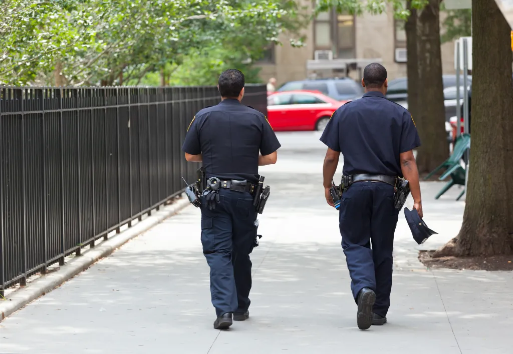 Two police officers walking away from the camera on a Manhattan street.