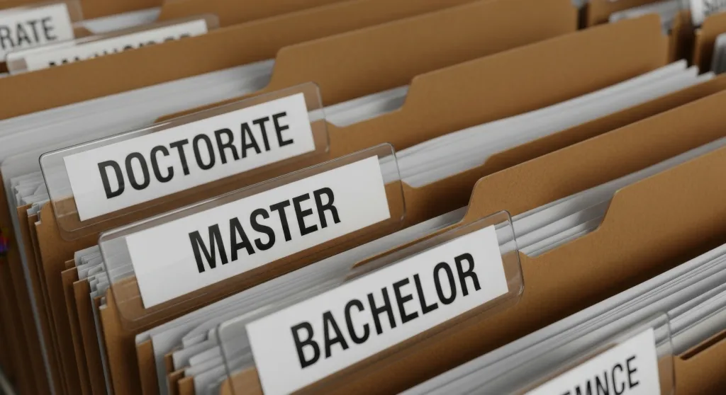 File folders labeled "Doctorate," "Master," and "Bachelor."
