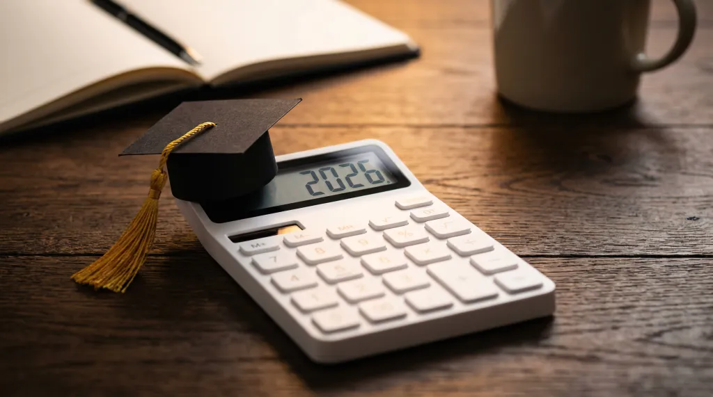 A graduation cap on a calculator displaying the year "2026", symbolizing college planning.