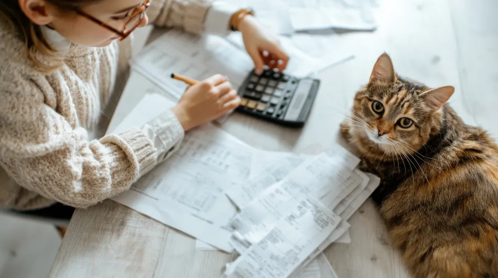 Overhead view of a pet owner at a kitchen table organizing insurance bills and medical paperwork with a curious ginger cat sitting nearby