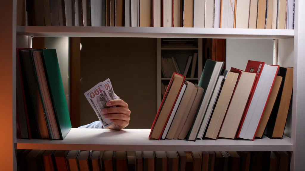 Hand holding cash in front of a bookshelf, symbolizing education costs.