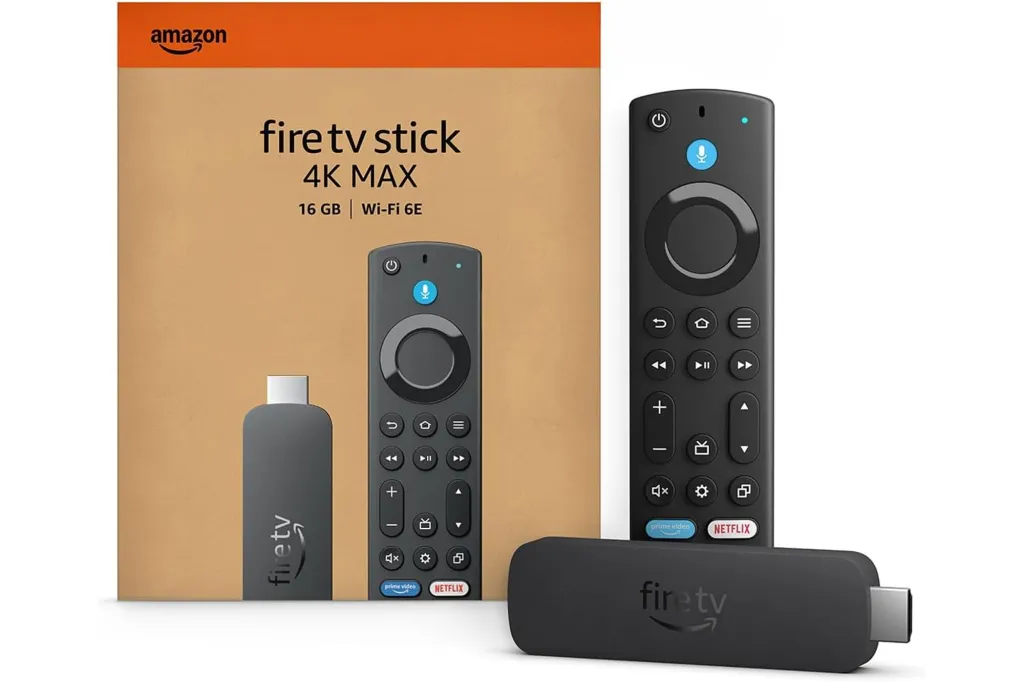 Amazon Fire TV Stick 4K Max with its remote and packaging.