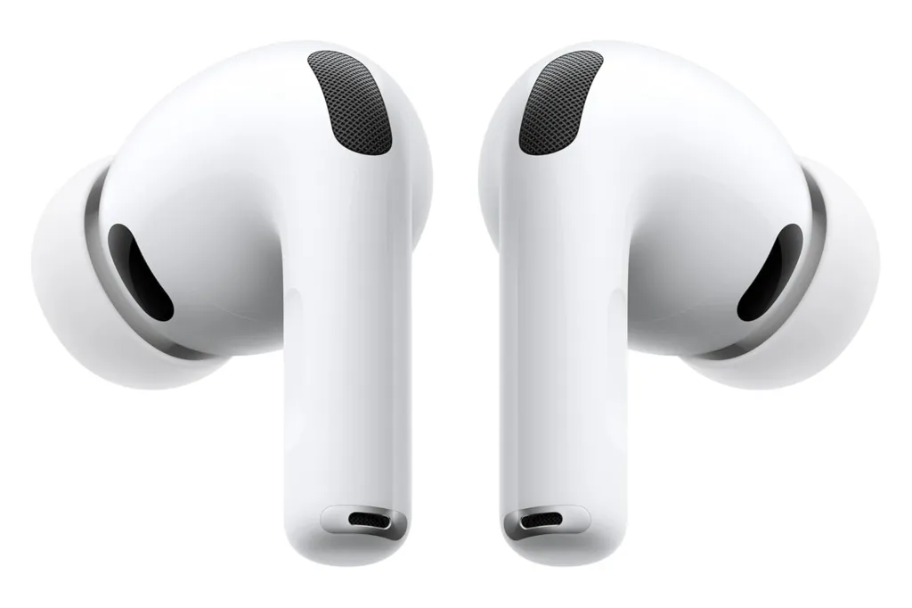 Two white Apple AirPods Pro 3 earbuds.