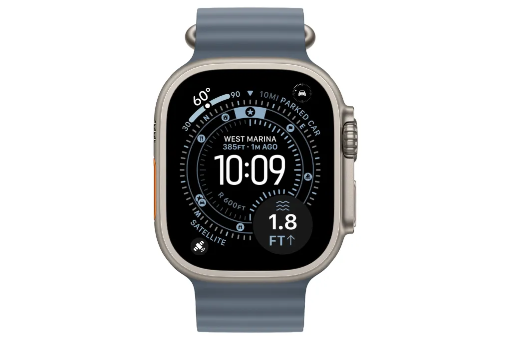 Apple Watch Ultra with a blue band showing the time, location information, and an altitude reading.