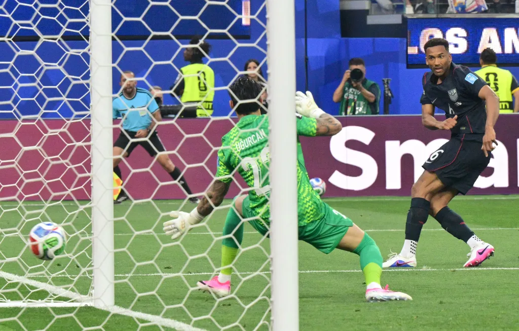 Auston Trusty scores the USMNT's first goal in their 3-2 loss to Turkey on June 25, 2026 in Inglewood, Calif.