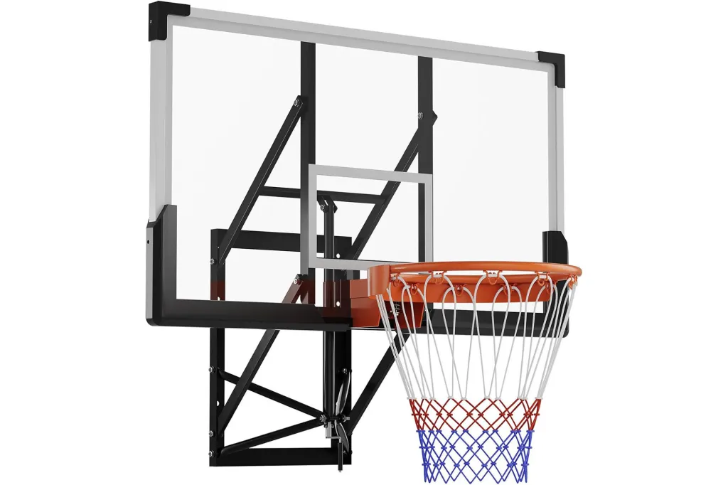 Illustration of a transparent basketball hoop and backboard with a red, white, and blue net.