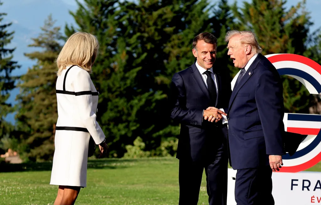 French President Emmanuel Macron greets President Trump upon his arrival at the the G7 summit in Évian-les-Bains.