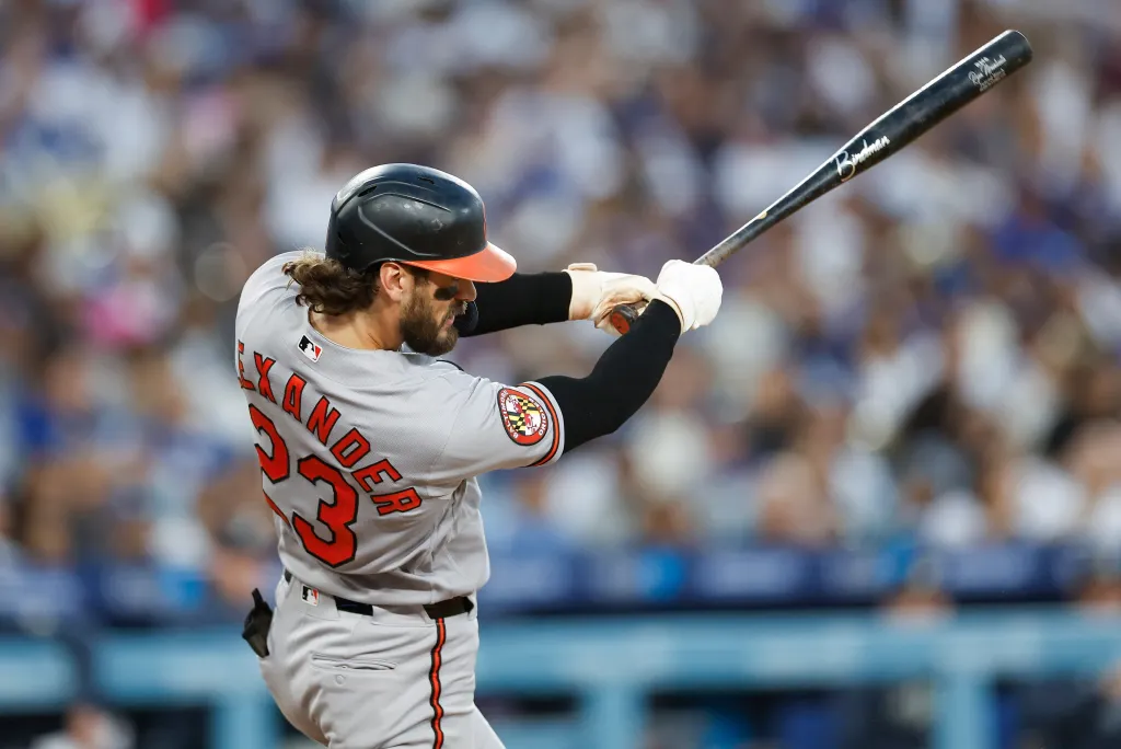 Blaze Alexander rips a two-run double in the fourth inning of the Orioles' 3-2 win over the Dodgers on June 20, 2026 in Los Angeles.