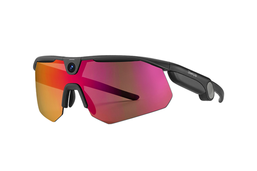Black smart glasses with a camera on the bridge and pink-orange reflective lenses.