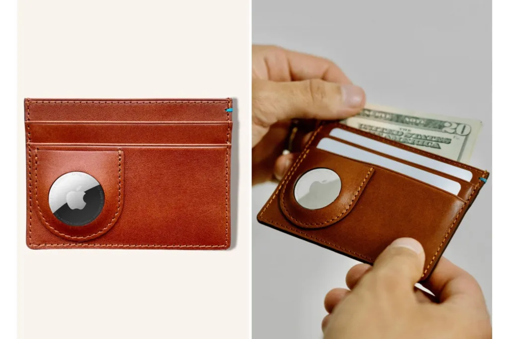 A side by side of a wallet with a place for an Apple AirTag