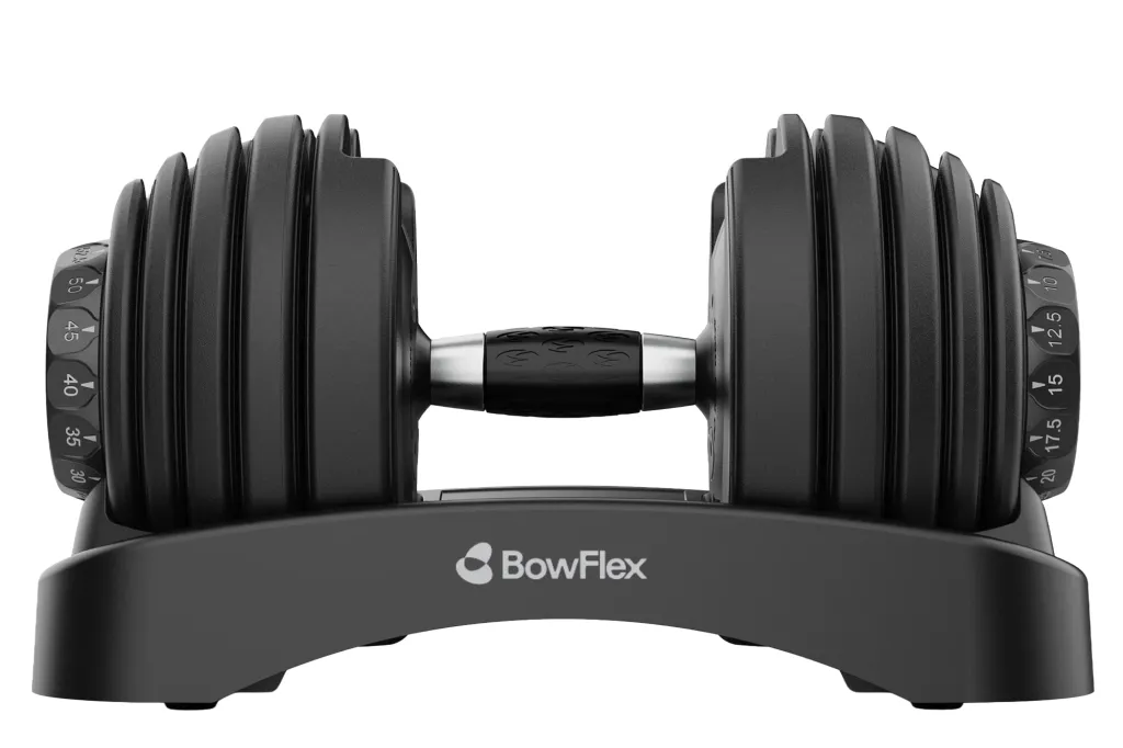 Bowflex 552 adjustable dumbbell with a black handle, resting on its stand.