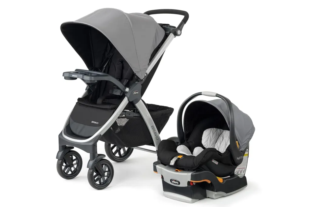Chicco Bravo 3-in-1 Trio Travel System, including a gray and black stroller and a black and gray car seat with a gray base.
