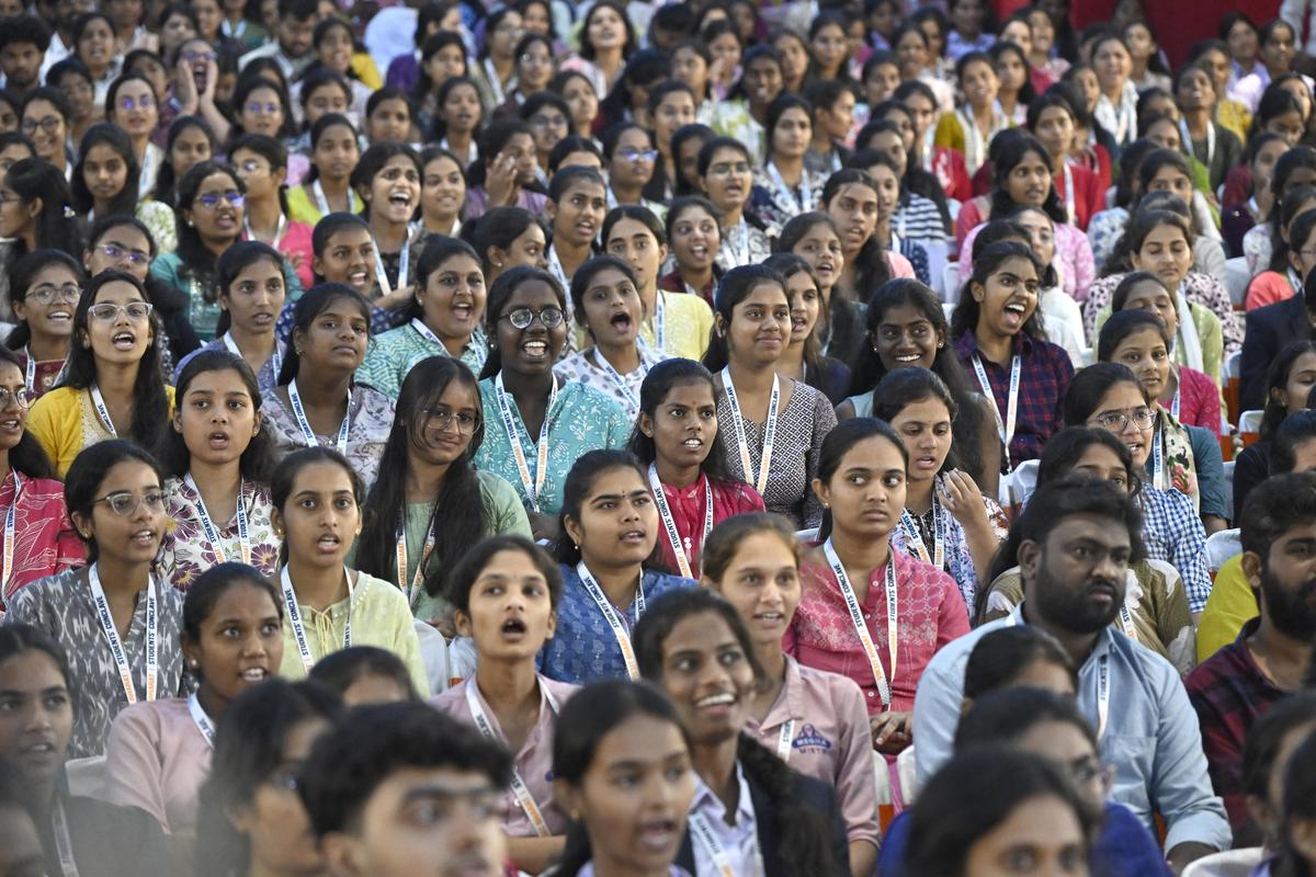 College students at the Viksit Bharat Student Conclave at VBIT, Aushapur Village, Ghatkesar, in Hyderabad on Monday. College students at the Viksit Bharat Student Conclave at VBIT, Aushapur Village, Ghatkesar, in Hyderabad on Monday.
