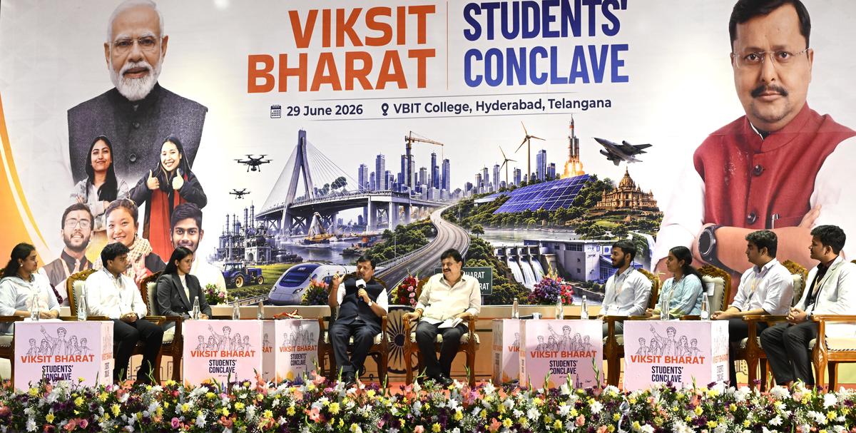 BJP national president Nitin Nabin along with State president N. Ramchandar Rao addressing students at the Viksit Bharat Student Conclave at VBIT, Aushapur Village, Ghatkesar, in Hyderabad on Monday. BJP national president Nitin Nabin along with State president N. Ramchandar Rao addressing students at the Viksit Bharat Student Conclave at VBIT, Aushapur Village, Ghatkesar, in Hyderabad on Monday.