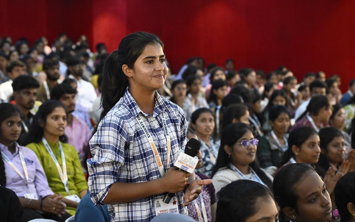 College students at the Viksit Bharat Student Conclave at VBIT, Aushapur Village, Ghatkesar, in Hyderabad on Monday. College students at the Viksit Bharat Student Conclave at VBIT, Aushapur Village, Ghatkesar, in Hyderabad on Monday.