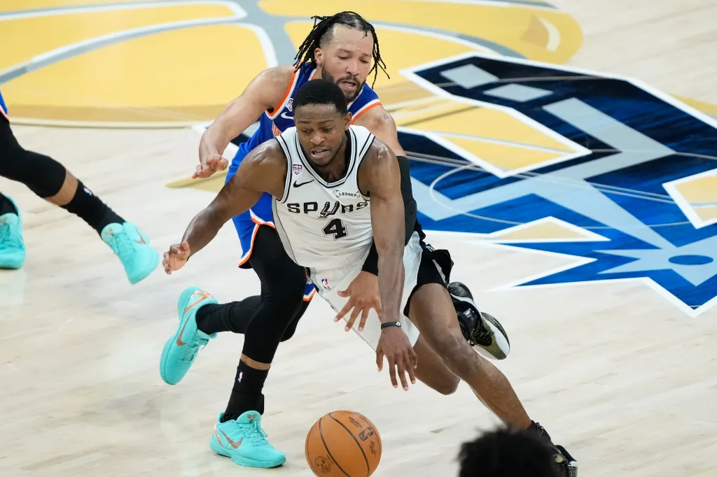 De'Aaron Fox drives on Jalen Brunson during the Knicks' 94-90 NBA title-clinching Game 5 win over the Spurs on June 13, 2026 in San Antonio.