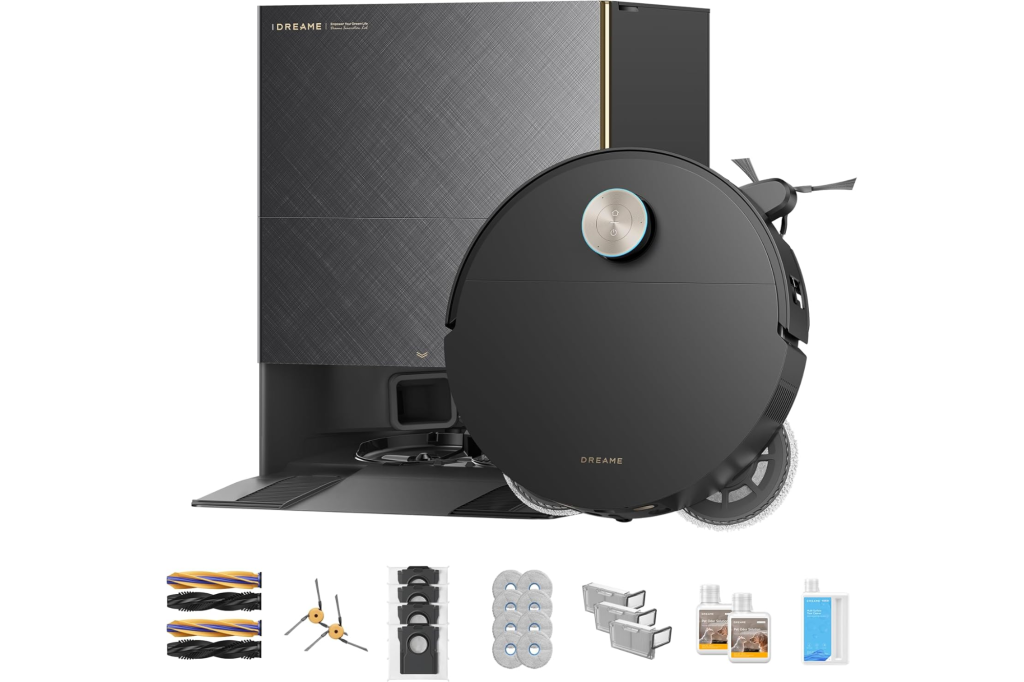Dreame robot vacuum cleaner with charging base and accessories.