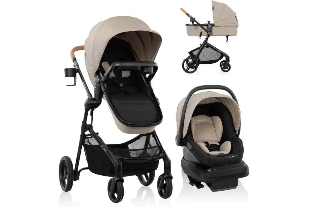 Evenflo Pivot NXT Travel System, including a stroller, bassinet, and infant car seat in beige and black.