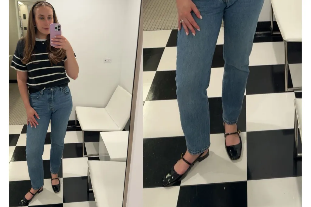 A side by side of a woman wearing black pantent leather shoes.
