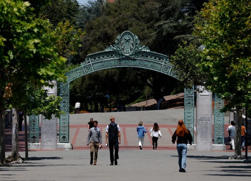 Sather Gate on the UC Berkeley campus with students walking through.