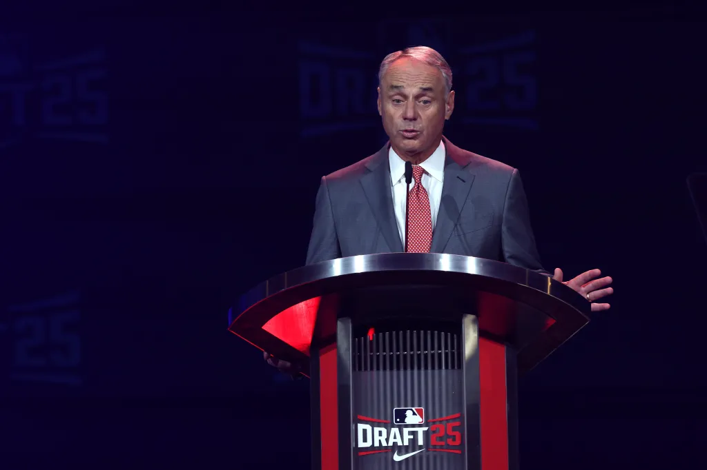 Major League Baseball commissioner Robert D. Manfred Jr. speaks on stage ahead of the first round during the 2025 MLB Draft at Coca-Cola Roxy on July 13, 2025 in Atlanta, Georgia.