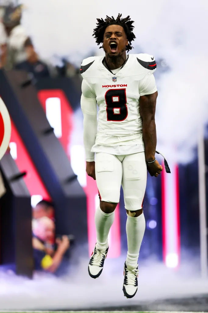 CJ. Gardner-Johnson #8 of the Houston Texans runs on to the field prior to an NFL football game against the Tampa Bay Buccaneers at NRG Stadium on September 15, 2025 in Houston, Texas. 