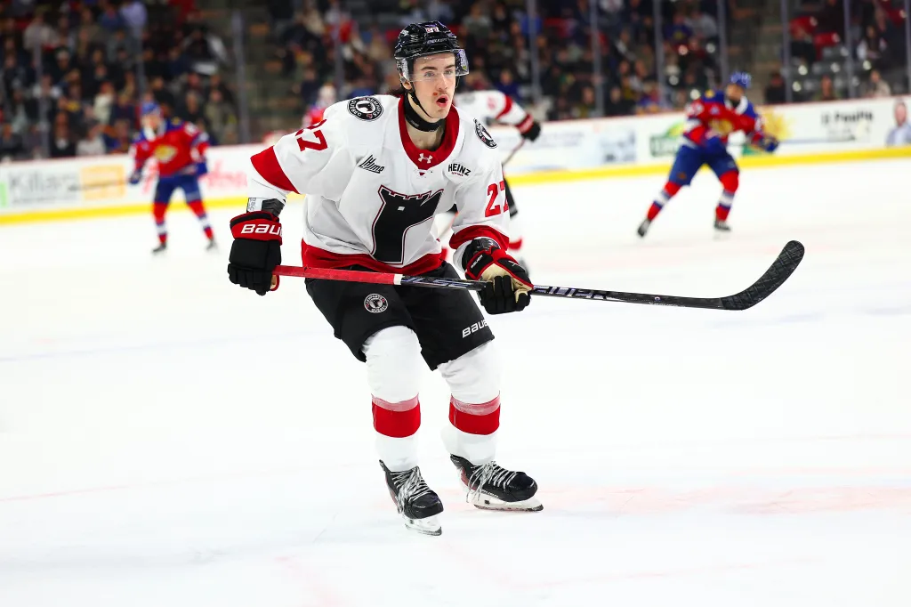 Charlie Morrison #27 of the Quebec Remparts skates after the puck against the Moncton Wildcats during the third period at Avenir Centre on November 16, 2025 in Moncton, Canada.