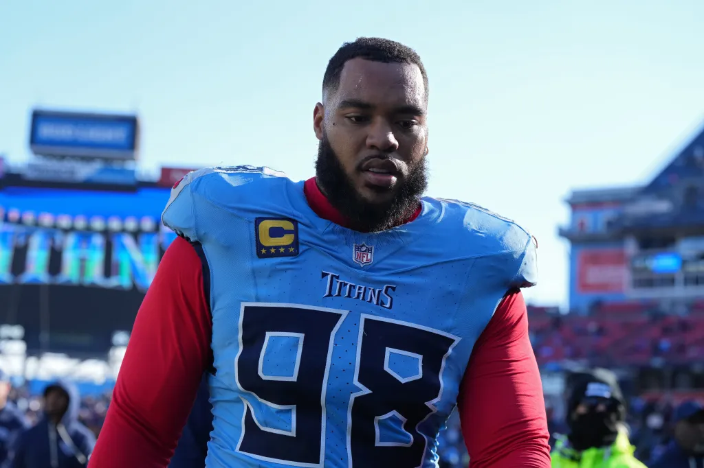 Defensive tackle Jeffery Simmons #98 of the Tennessee Titans walks off the field during an NFL game against the Jacksonville Jaguars at Nissan Stadium on November 30, 2025 in Nashville, Tennessee.