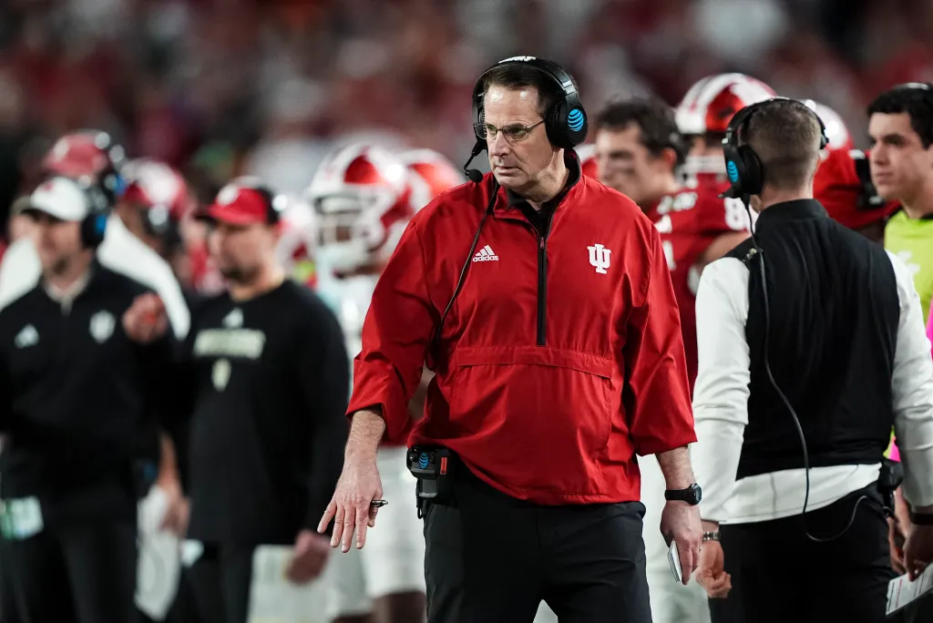 Curt Cignetti of the Indiana Hoosiers looks on during the first half of the College Football Playoff National Championship