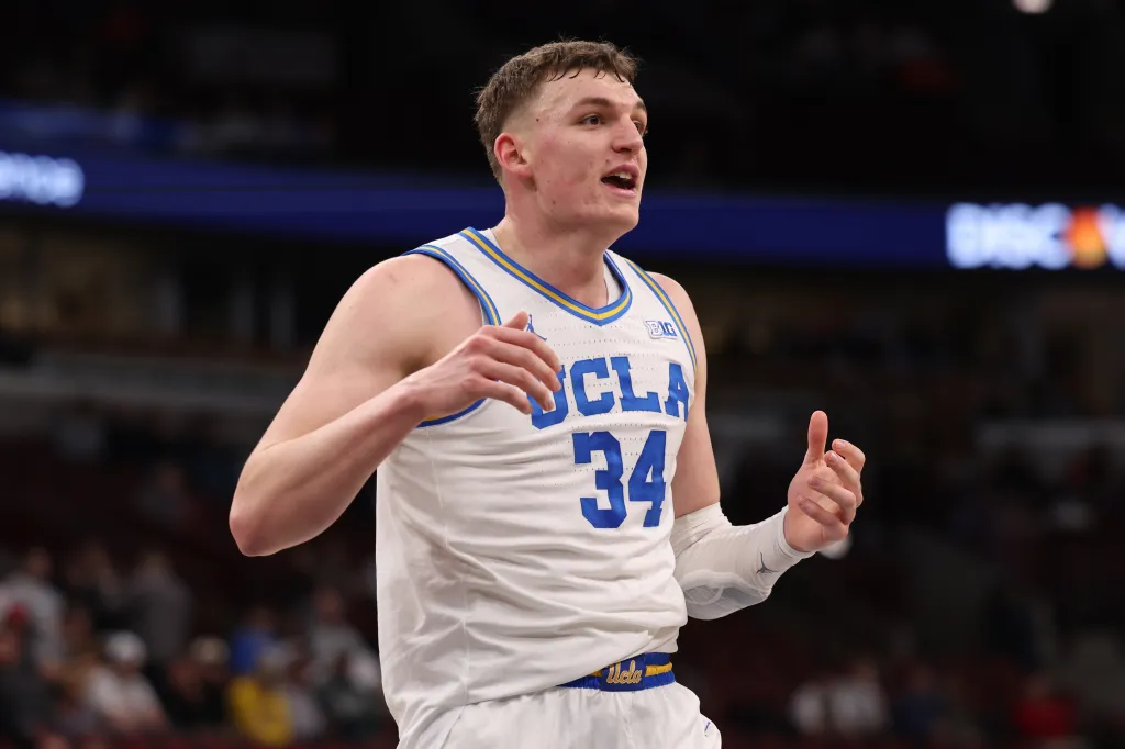Tyler Bilodeau #34 of the UCLA Bruins celebrates in the second half against the Rutgers Scarlet Knights during the third round of the 2026 Big Ten Men's Basketball Tournament at the United Center on March 12, 2026 in Chicago, Illinois. 