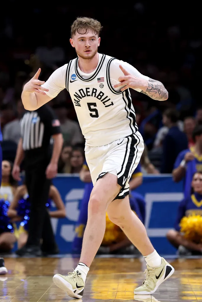 Tyler Nickel #5 of the Vanderbilt Commodores reacts after his three point basket against the McNeese Cowboys during the first half in the first round of the 2026 NCAA Men's Basketball Tournament at Paycom Center on March 19, 2026 in Oklahoma City, Oklahoma.