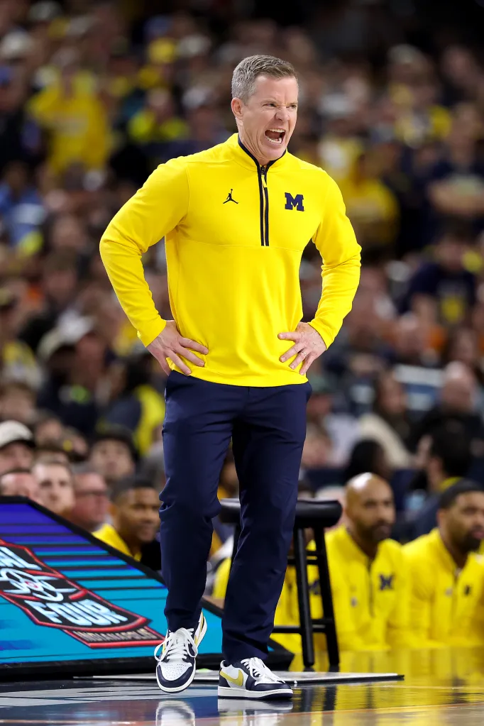 Dusty May coaching Michigan during the national championship game against UConn.