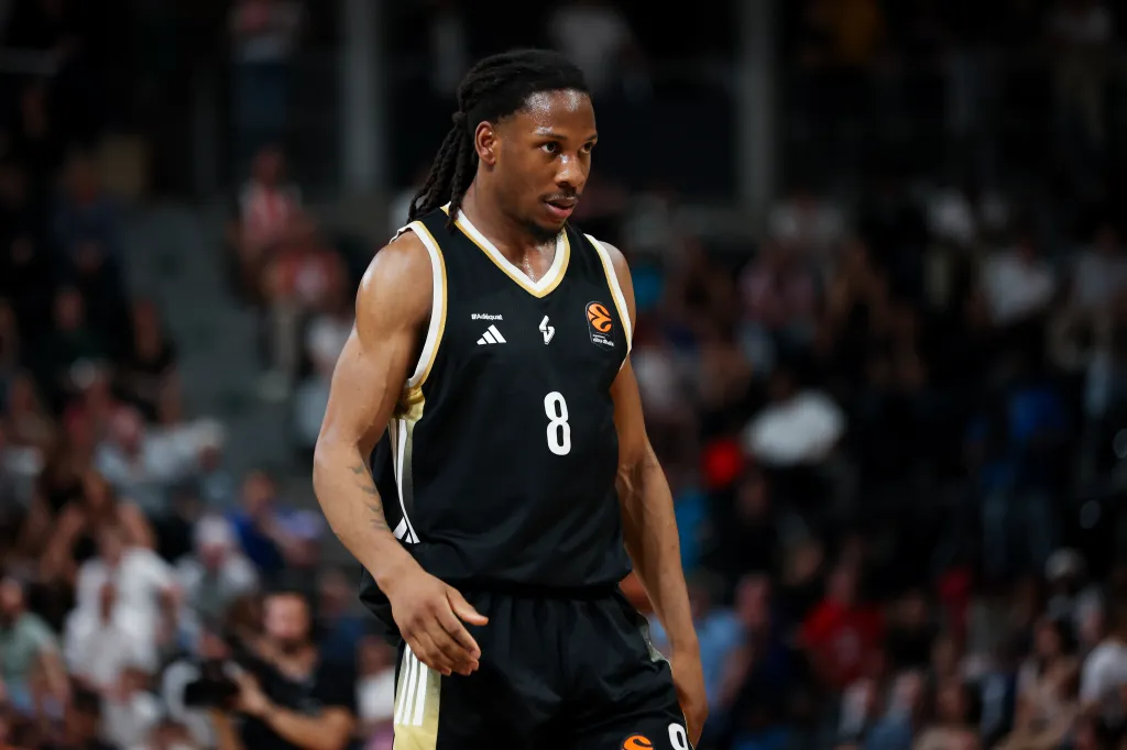 Melvin Ajinca, #8 of LDLC Asvel Villeurbanne in action during the EuroLeague Regular Season Round 37 match between LDLC Asvel Villeurbanne and Crvena Zvezda Meridianbet Belgrade at The Astroballe on April 10, 2026 in Villeurbanne, France. 